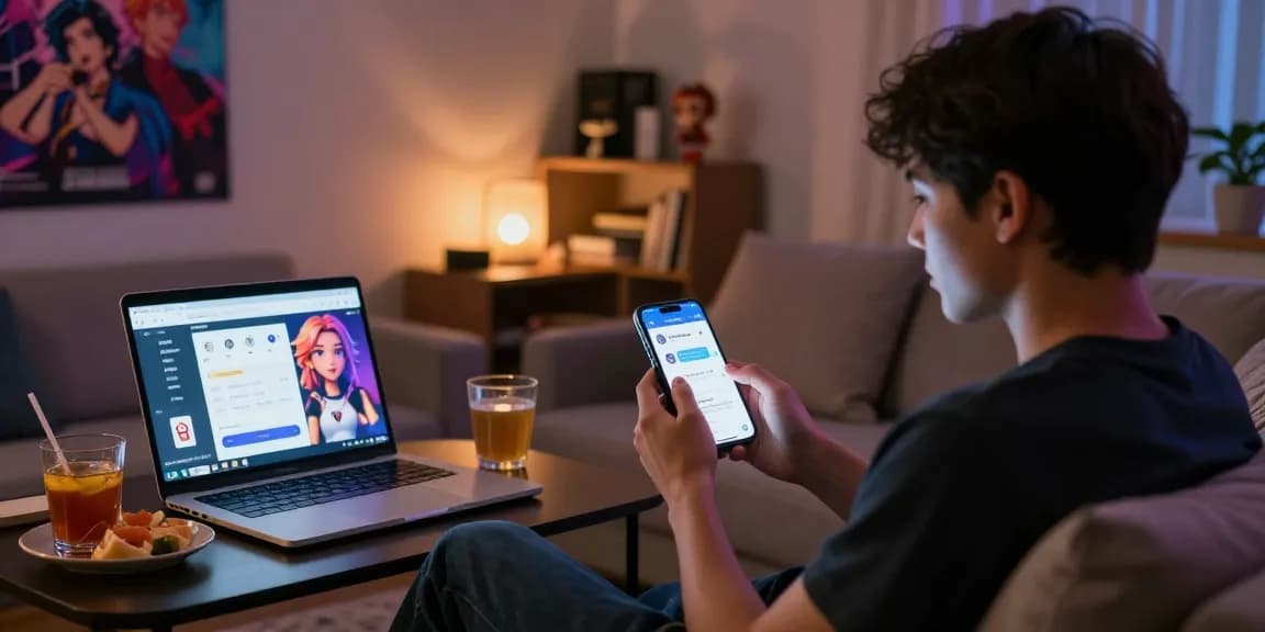 Engaging user interaction with AI chat nsfw character on smartphone in a cozy, well-lit room.