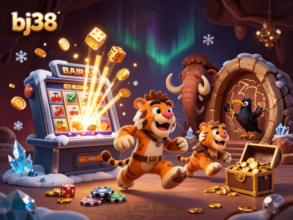 Win big at bj38 with a lively 3D casino scene featuring playful cavemen and rich gambling elements.