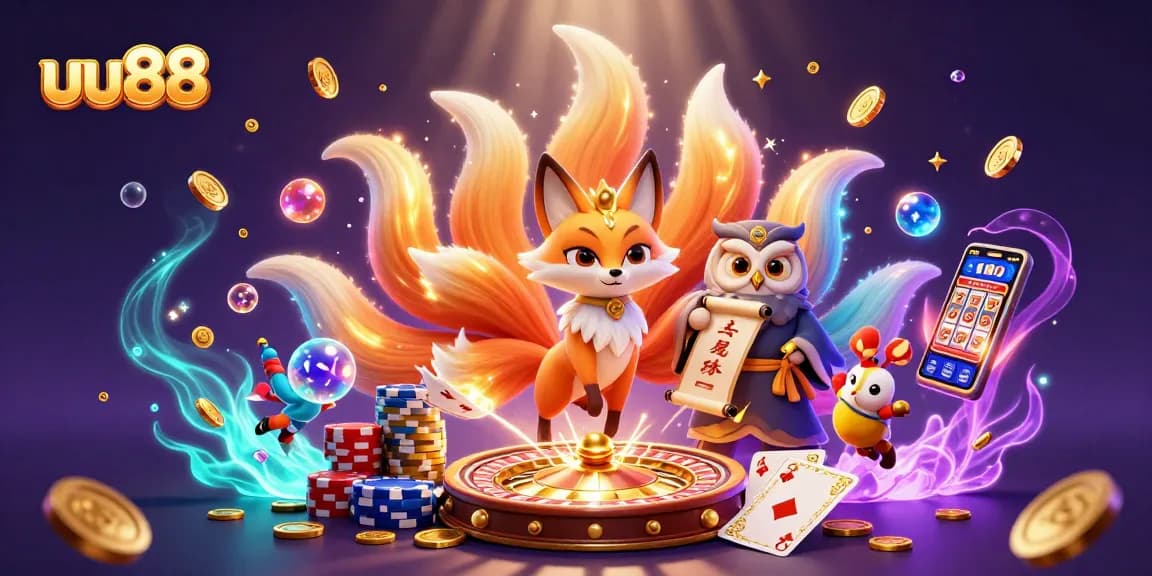 Play slots and win at uu88 with a vibrant fox spirit and owl sage in a magical casino scene.