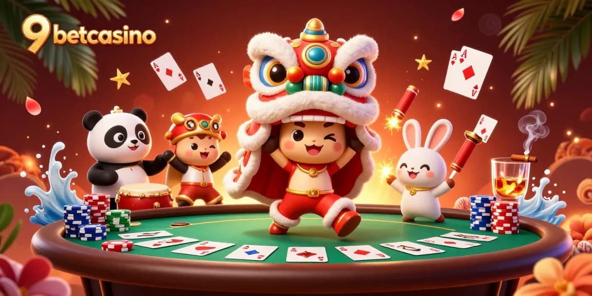 Experience 9betcasino's thrilling moment with a lion dance and poker scene.
