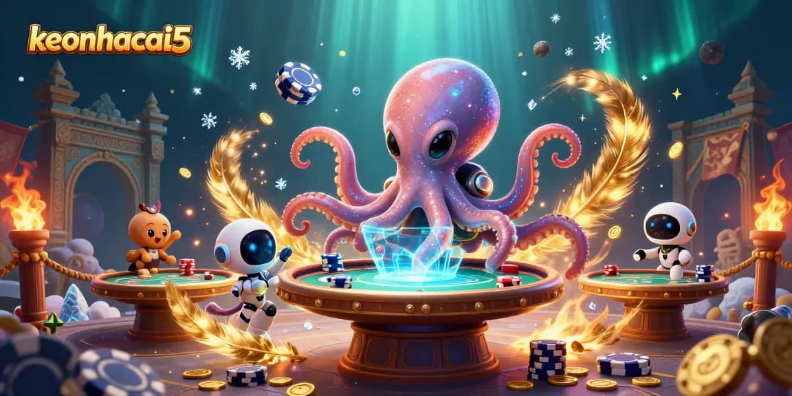 Engage with keonhacai5 as an alien octopus controls a poker table in a dynamic casino scene.