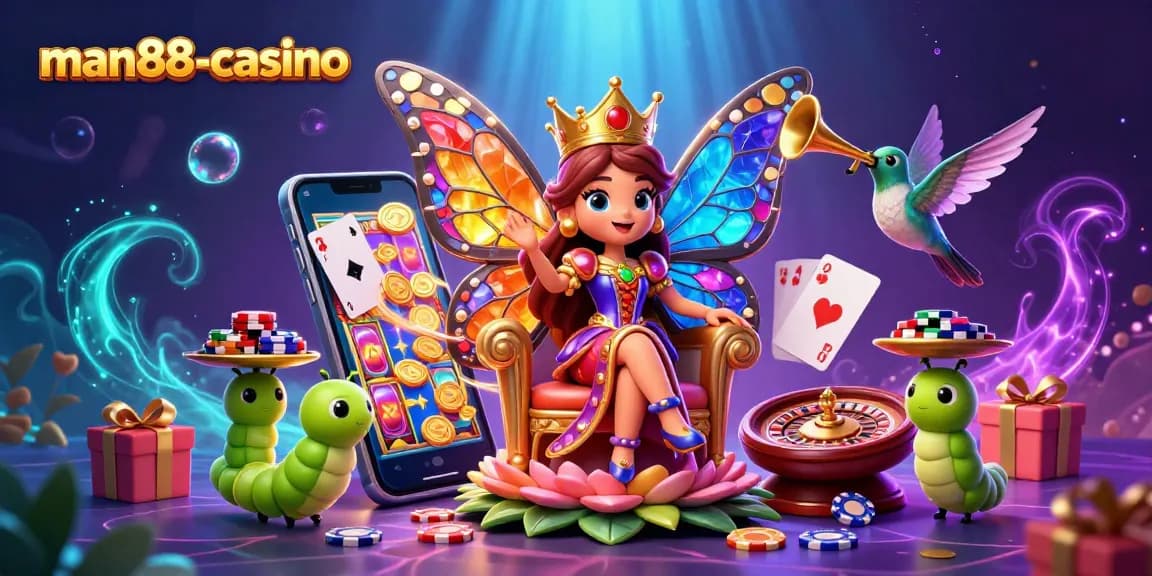 Experience the magical man88-casino world with a vibrant butterfly queen and dynamic casino elements.