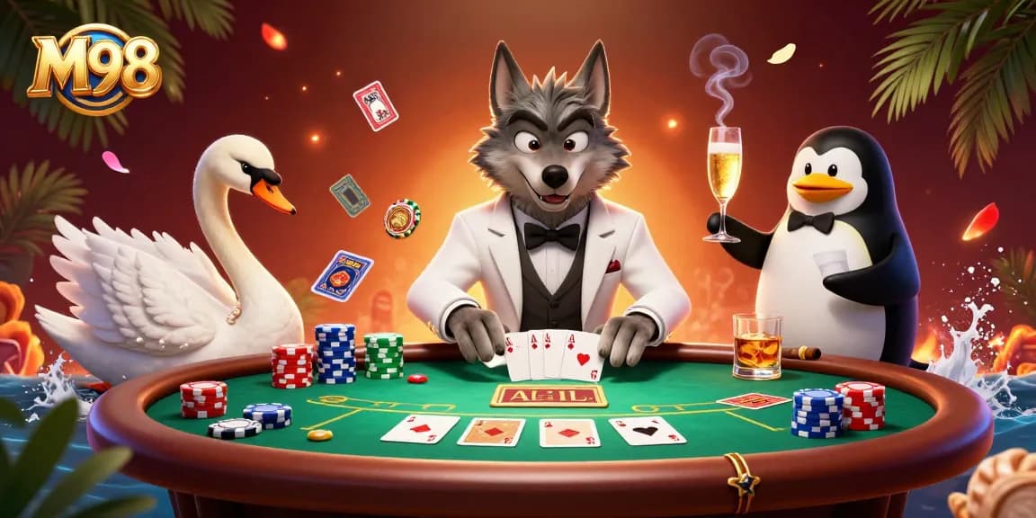 M98 players enjoying a lively baccarat game with vibrant characters and colorful casino elements surrounding them