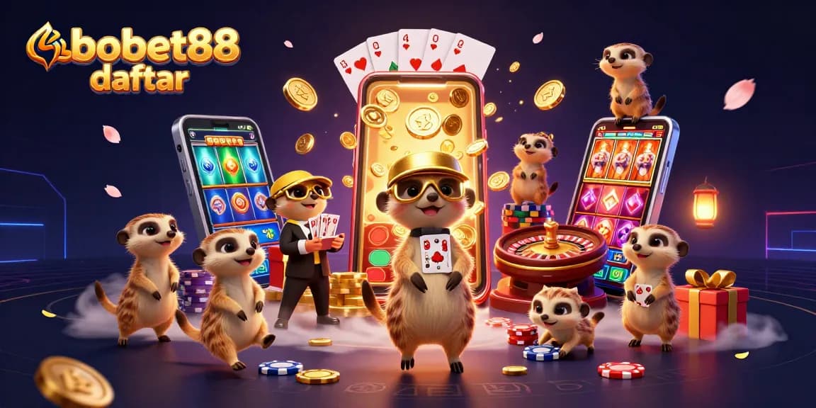Engage in sbobet88 daftar with a vibrant casino scene of meerkats playing games and winning chips.