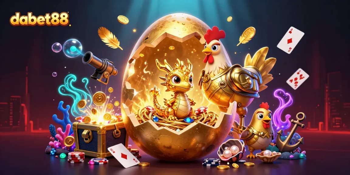 Engage with dabet88 as a golden baby dragon emerges amid poker chips and treasure in a lavish online casino.