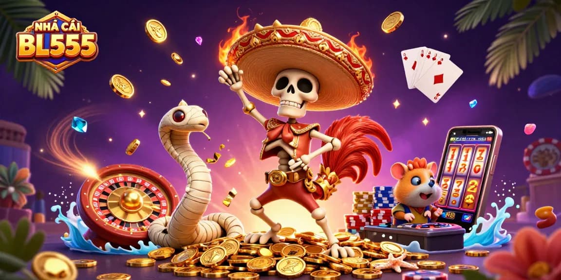 Experience the thrill of NHÀ CÁI BL555 with vibrant characters celebrating amidst dynamic casino elements.