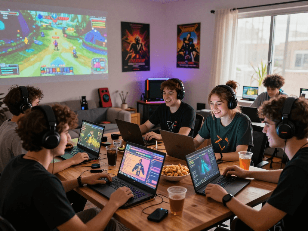 Friends playing porngames together in a cozy gaming lounge with vibrant graphics.