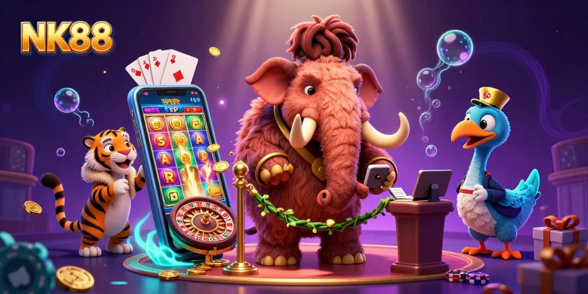 Experience the vibrant gaming world at NK88 with exciting characters and casino elements.