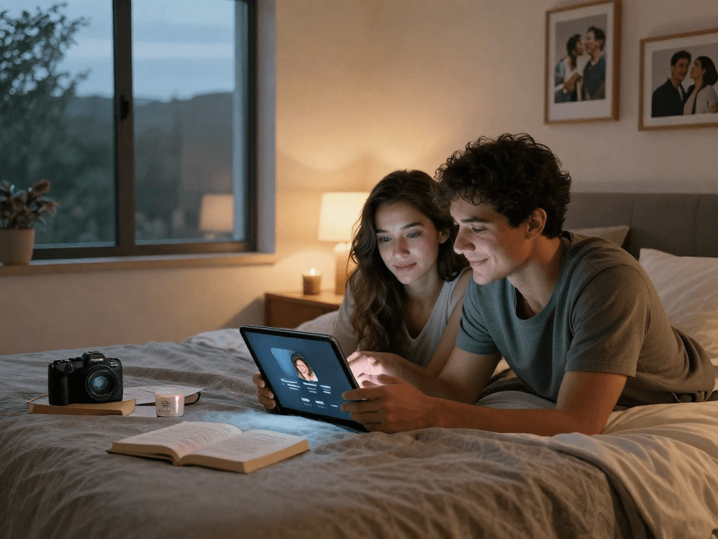 Couple exploring AI sex technology in modern bedroom, showcasing intimacy and innovation.