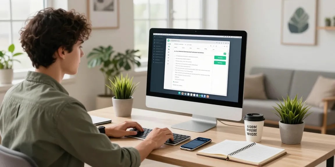 Using WhatsApp電腦版 in a modern home office, young professional working with technology.