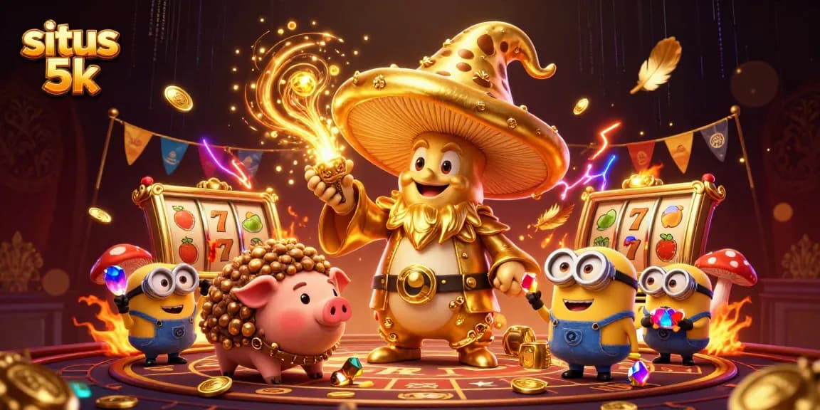 Experience the magical world of situs 5k, a vibrant casino adventure with golden mushroom wizard and rich game elements.