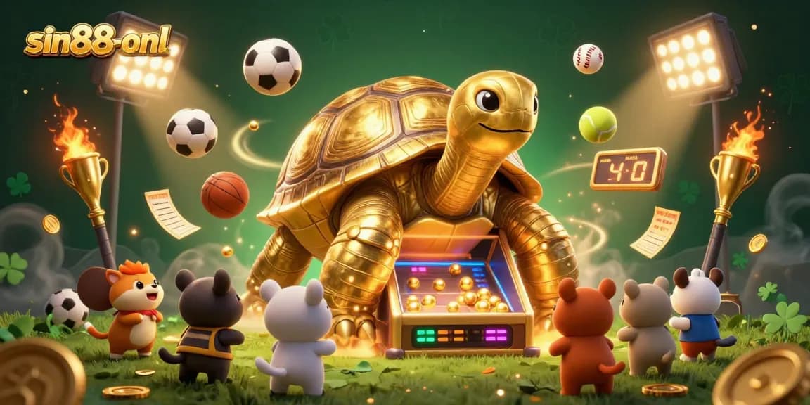 Join the excitement at sin88-onl with a golden tortoise pinball machine and sports-themed elements!