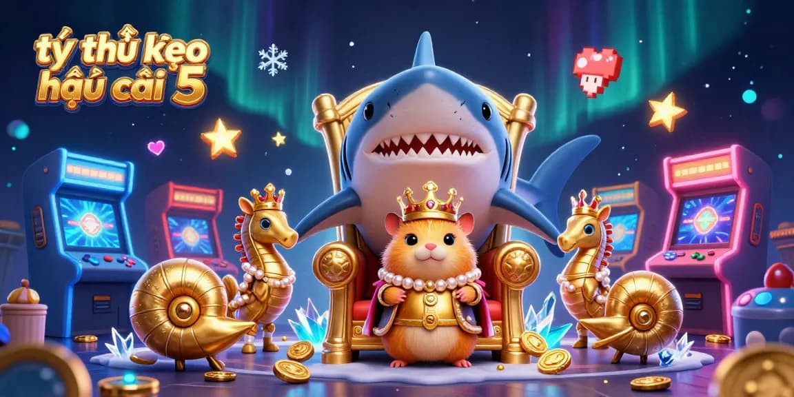 Engaging scene showing tỷ lệ kèo nhà cái 5 with a hamster king throne and gaming elements.