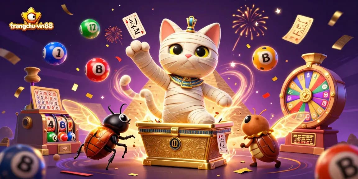 Join the fun at trangchu-vin88 with a vibrant mummy cat and games bursting with adventure.