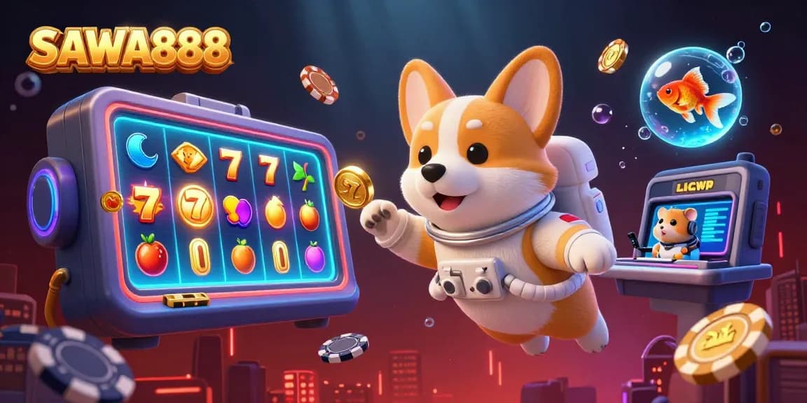 SAWA888 showcases thrilling gameplay with a cheerful astronaut corgi amidst floating slot machines and coins