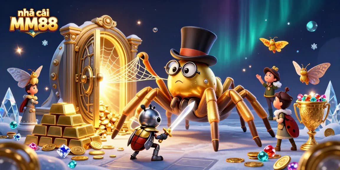 Join the adventure at nhà cái MM88 with a golden tarantula and beetle knight in a vibrant casino scene.