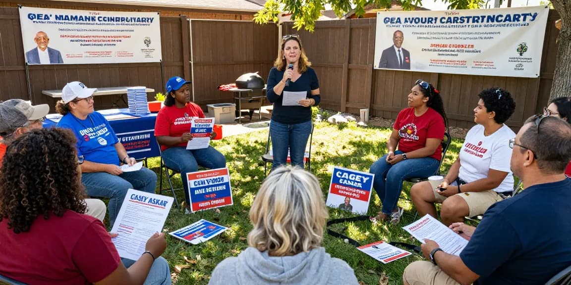 Engaged voters discussing Casey Askar's candidacy during a community event.