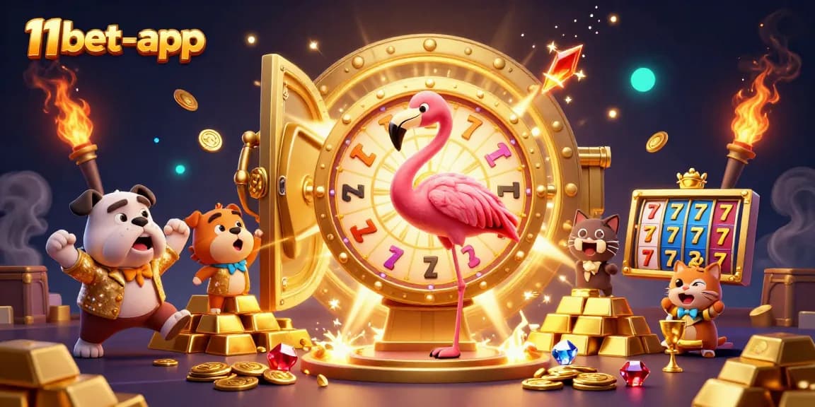 Win big with the 11bet-app in this exciting 3D casino illustration featuring spinning prize wheels.