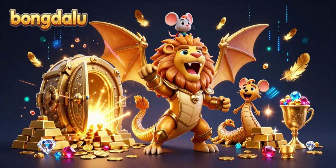 Bongdalu showcases a triumphant 3D chimera creature with gold accents amidst dazzling treasures.