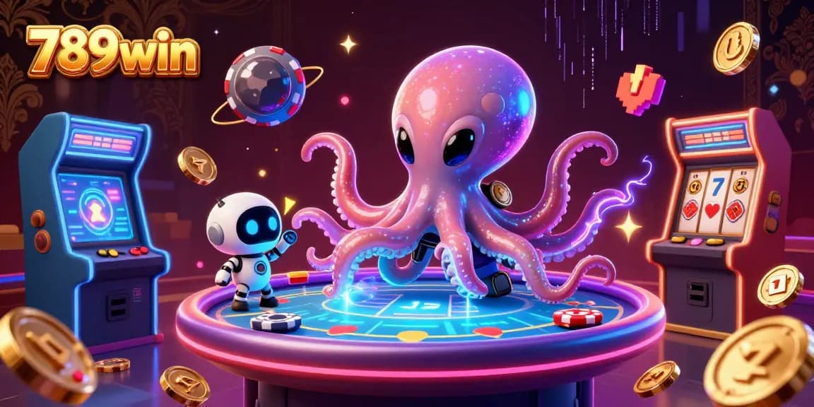 Experience the excitement of 789win with an alien octopus at a poker table in a vibrant casino scene.