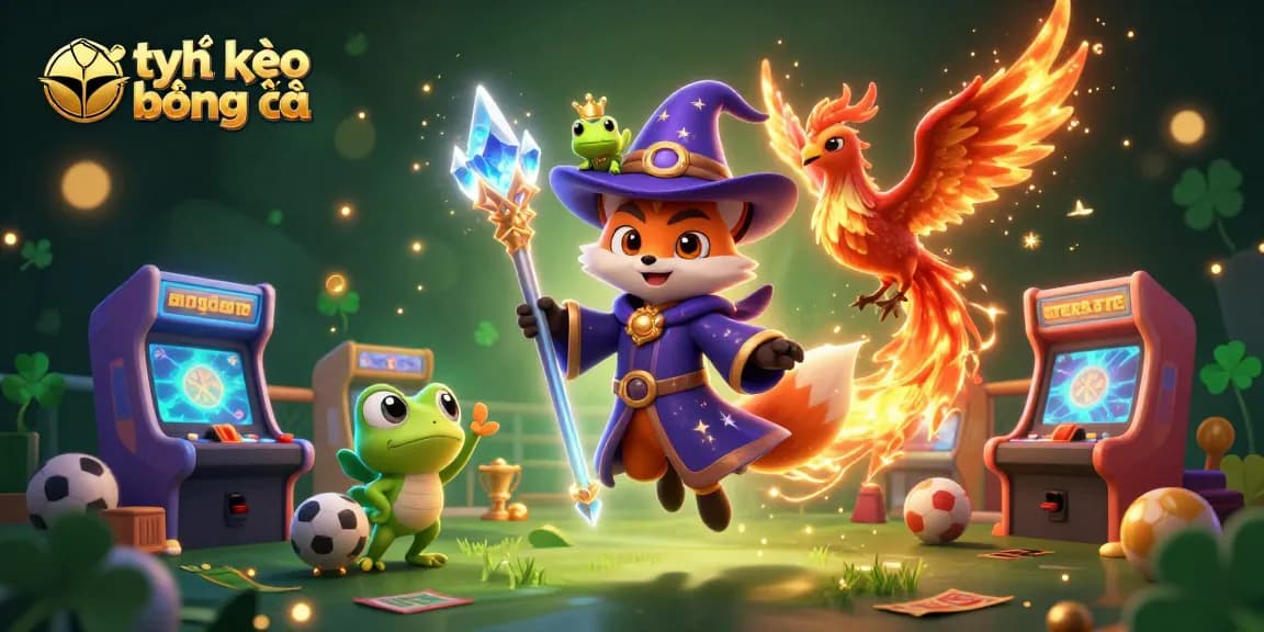 Engage in thrilling sports betting with tỷ lệ kèo bóng đá in a colorful arcade gaming scene.