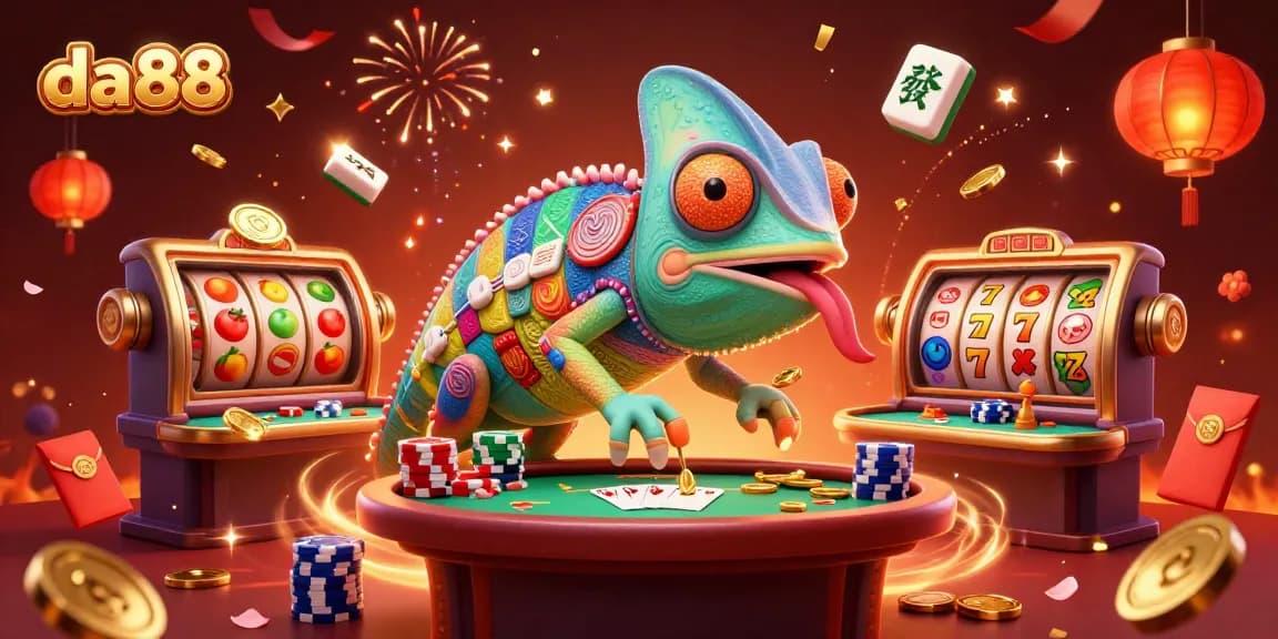 Experience excitement at da 88 with vibrant casino elements and lively chameleon casino owner in action.