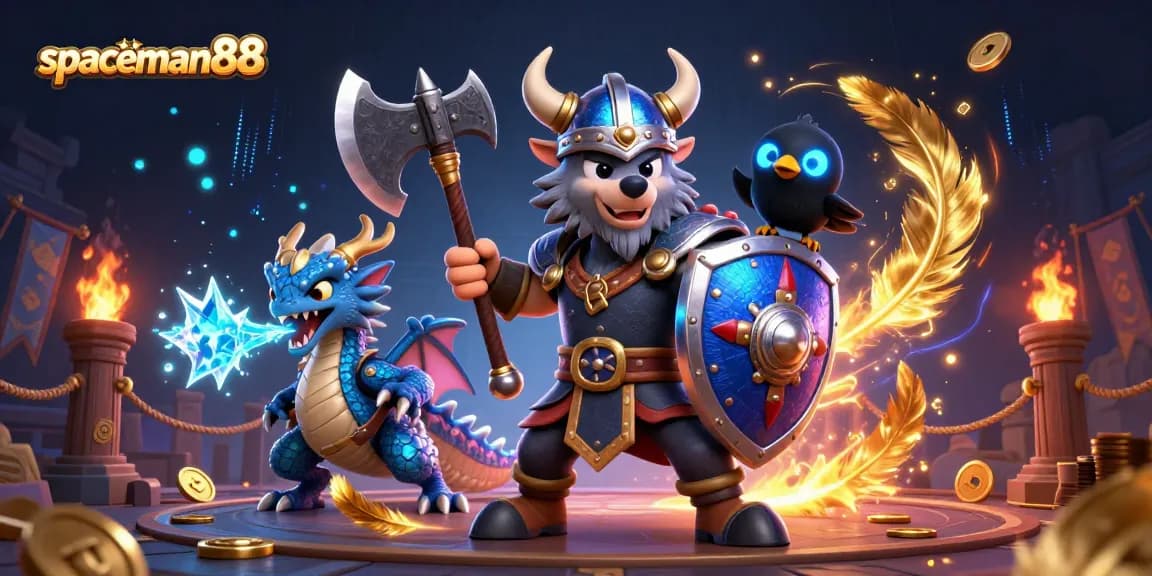 Experience memorable victories with spaceman88 in a vibrant casino scene featuring a Viking, dragon, and glowing raven.