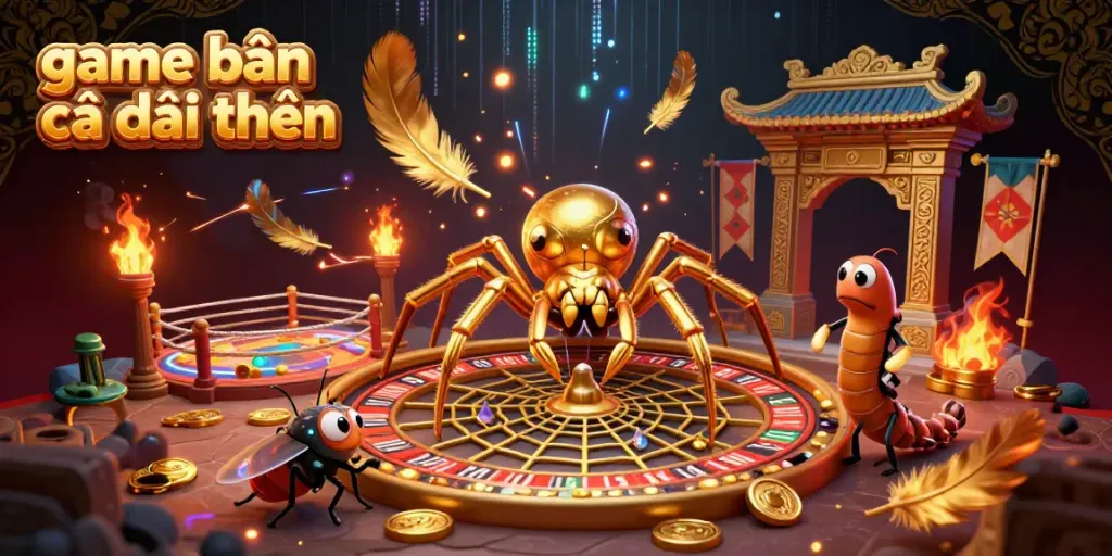 Engage with game bắn cá đổi thưởng as a golden spider spins a roulette wheel web amidst sea creatures and golden treasures.