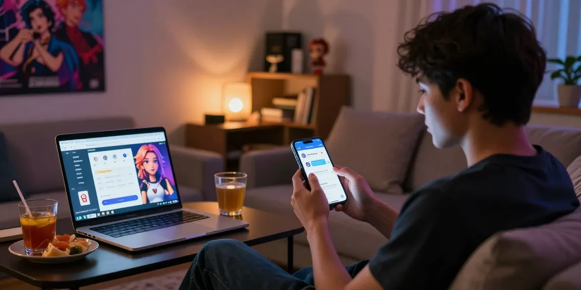 Engaging user interaction with AI chat nsfw character on smartphone in a cozy, well-lit room.
