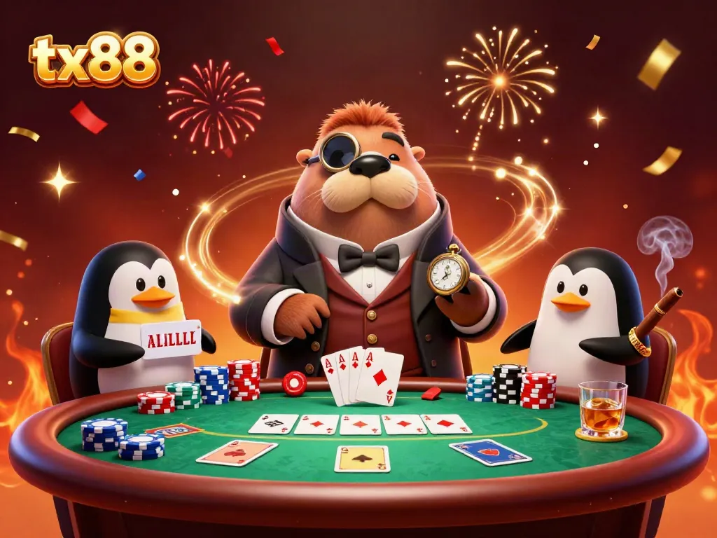 Experience thrilling poker action with tx88 as a jolly walrus plays alongside a cunning pufferfish