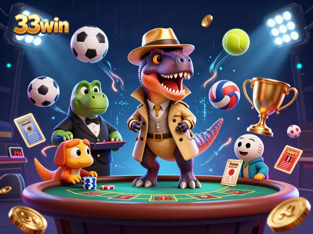 33win showcases a velociraptor card counter at a blackjack table, with vibrant casino elements.