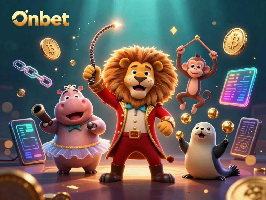 Experience thrilling action at Onbet with vibrant circus characters amidst glowing crypto coins and digital elements.