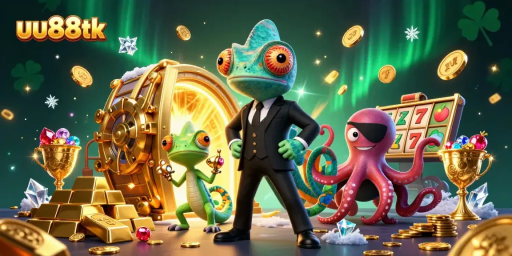 Spin the reels with uu88tk’s thrilling casino adventure featuring vibrant characters and treasures.