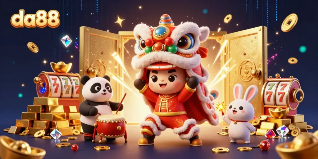 Experience the excitement of da88 with a vibrant lion dance and winning casino elements.