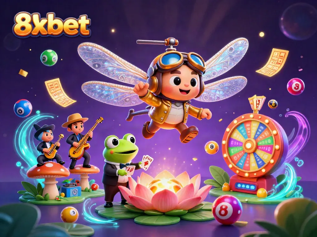 Engage in thrilling 8xbet gaming with vibrant characters and dynamic lottery elements, promoting online casino fun.