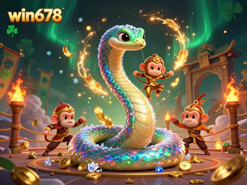 Engage with win678's vibrant gaming scene featuring a colorful snake, armored monkey, and exciting casino elements.