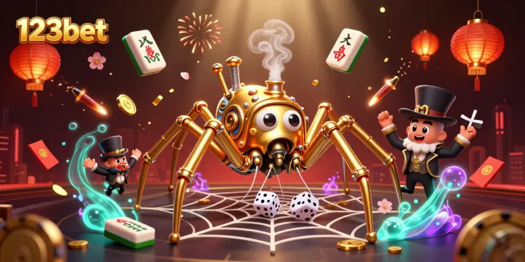 Engage with 123bet's thrilling environment featuring a steampunk spider and lucky elements of chance.