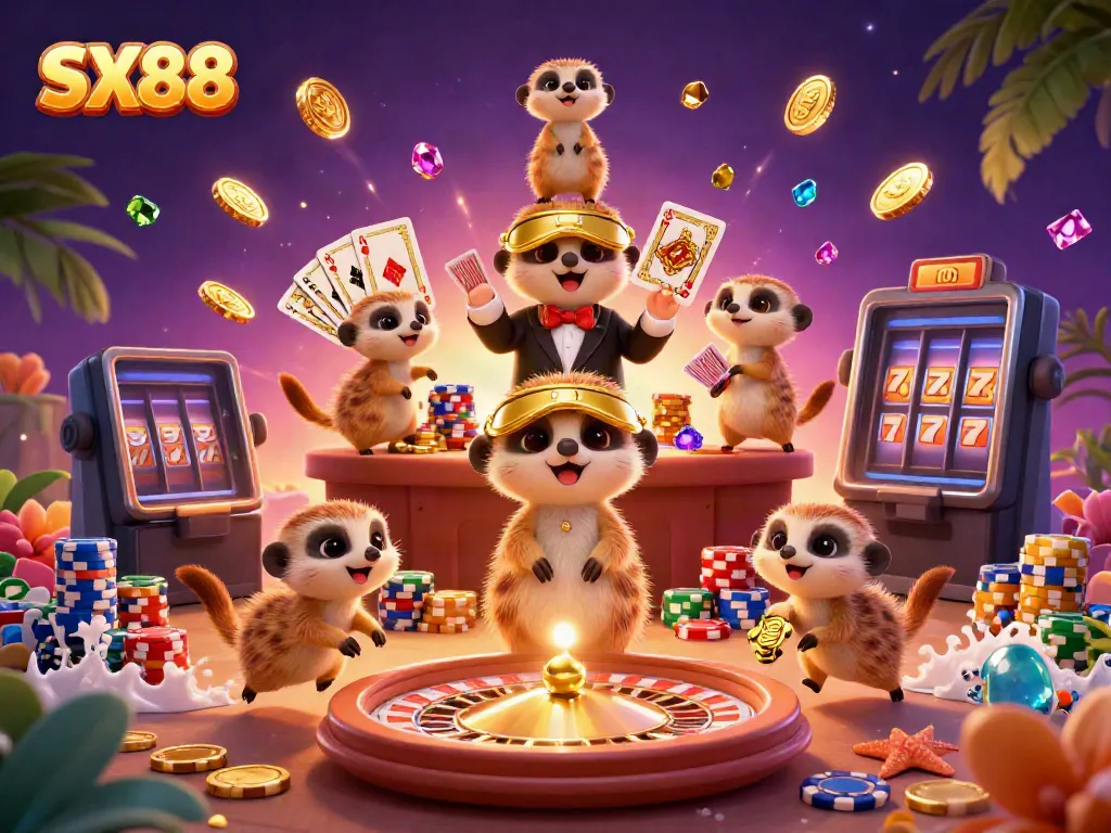 SX88 meerkats illustrating a vibrant casino scene with gold coins, cards, and dynamic gameplay elements.