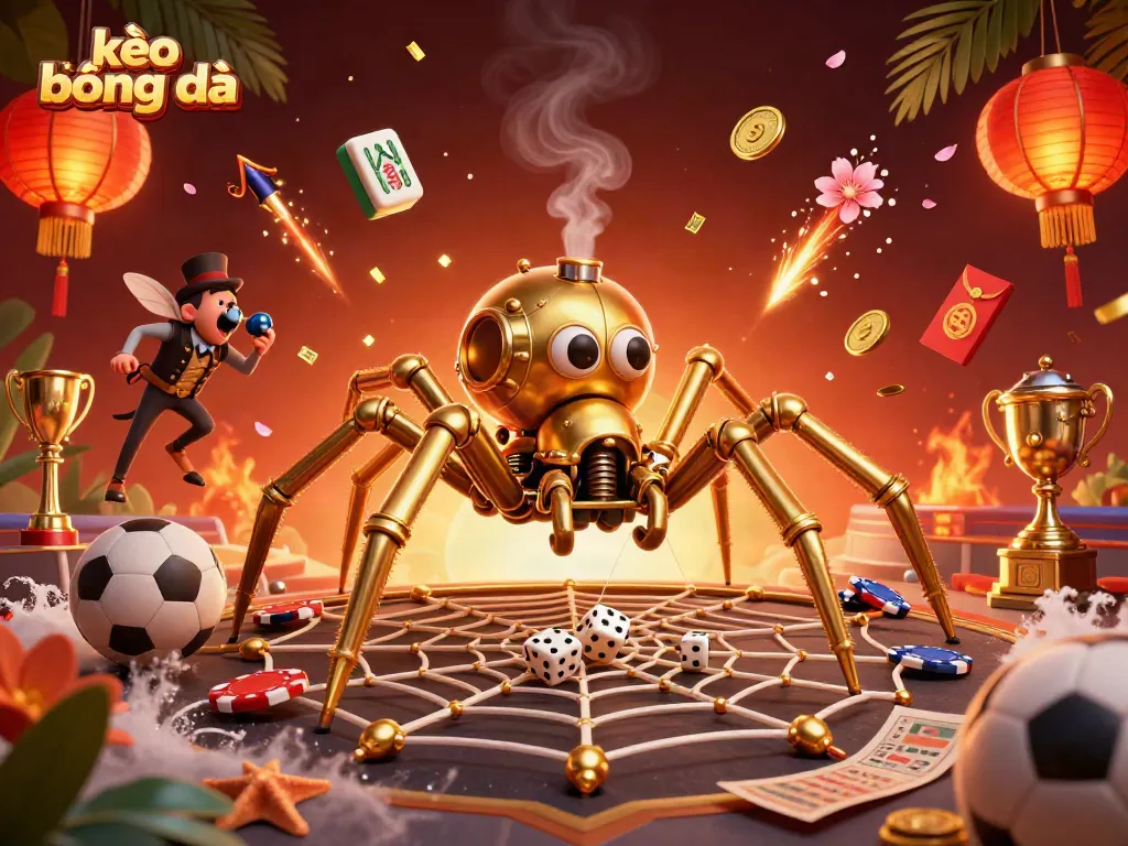Engage with kèo bóng đá visuals featuring a steampunk spider, sports betting elements, and vibrant casino art.
