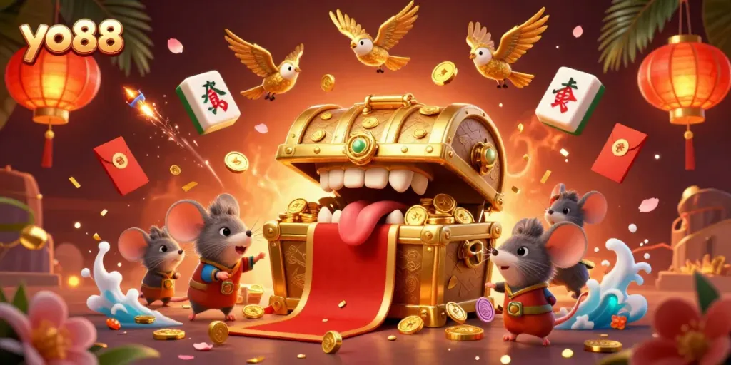 Join the adventure at yo88 with a 3D treasure chest and a festive casino scene full of vibrant game elements.