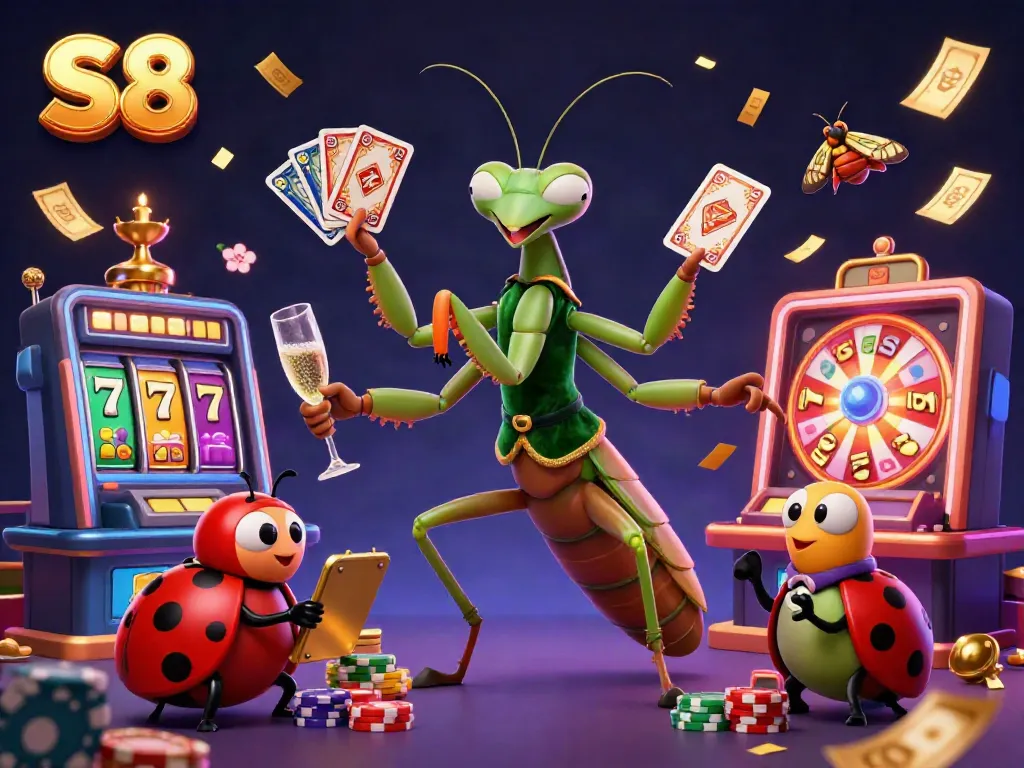 Experience the thrill of S8 casino with a vibrant 3D illustration of playful characters and dynamic game elements.