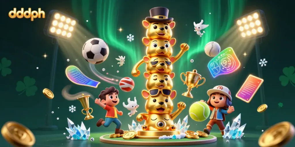 Bet on sports with dddph amidst dynamic casino visuals and trophy celebrations.
