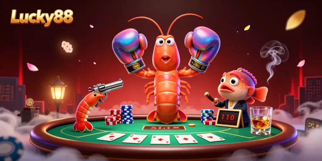 Engage with Lucky88's thrilling poker scene featuring vibrant characters and dramatic elements.