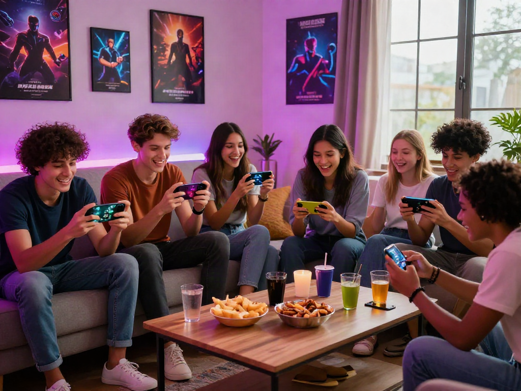 Group of friends enjoying a mobile porn game in a lively living room