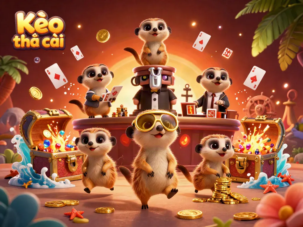 Kèo nhà cái showcases a lively meerkat casino scene filled with vibrant gaming elements and gold coins.