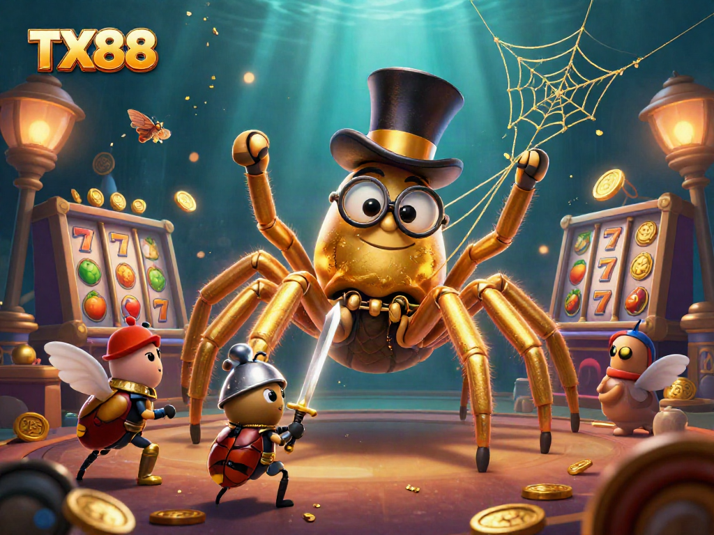 TX88 slot adventure with a golden tarantula, beetle knight, and vibrant casino elements.