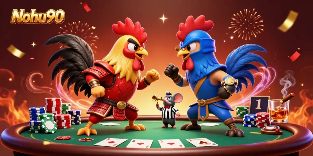 Experience thrilling action with Nohu90's colorful 3D cartoon fight between samurai and ninja roosters at a poker table.