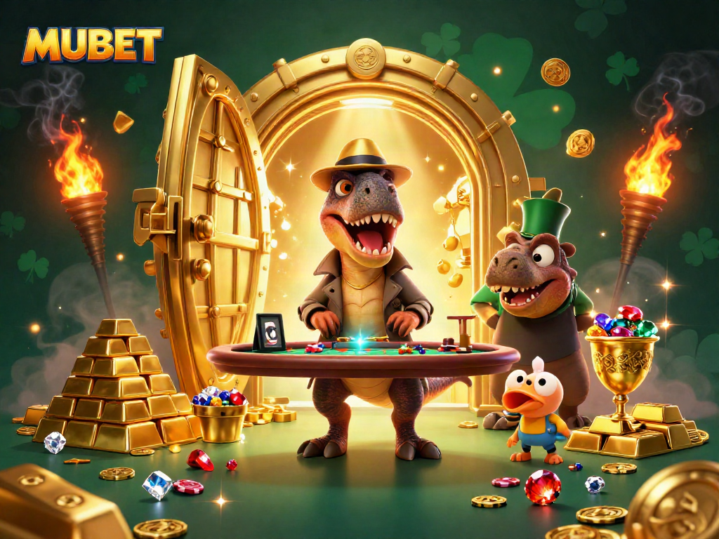 MUBET brings a 3D velociraptor card counter to life at a bustling blackjack table.