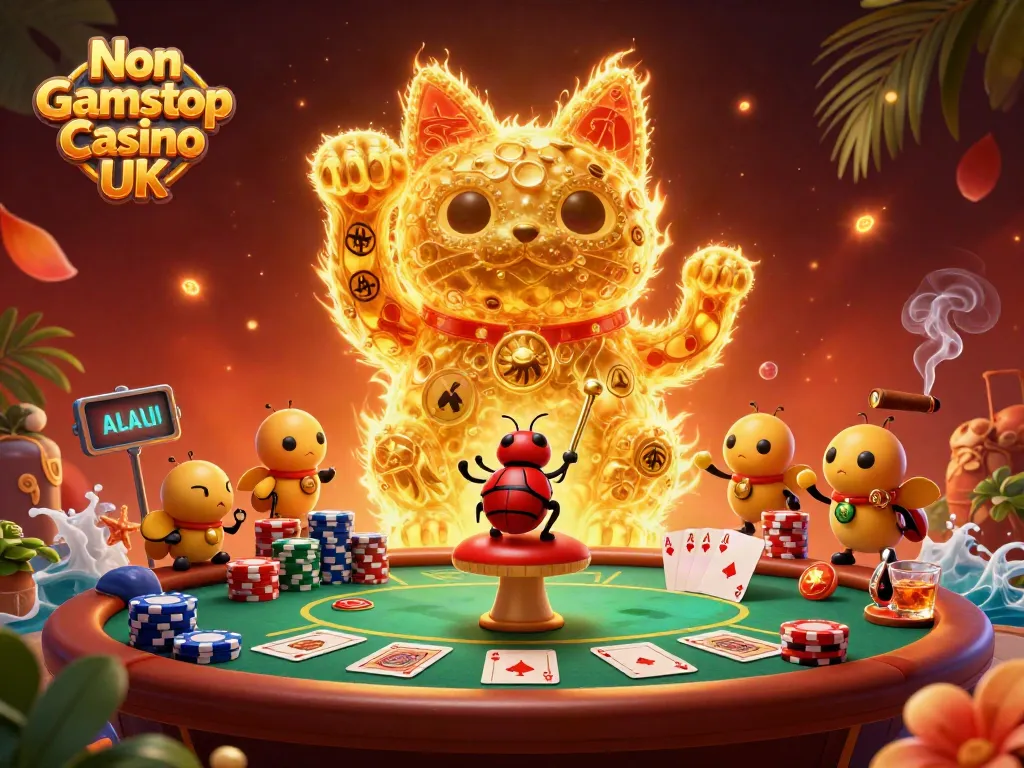 Experience excitement at a Non Gamstop Casino UK with lively imagery of a golden lucky cat and poker elements.