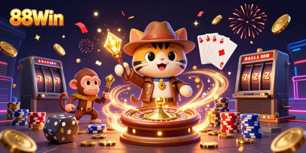 Engage in excitement with 88Win as an explorer cat discovers treasures amidst sparkling gems and casino artifacts.